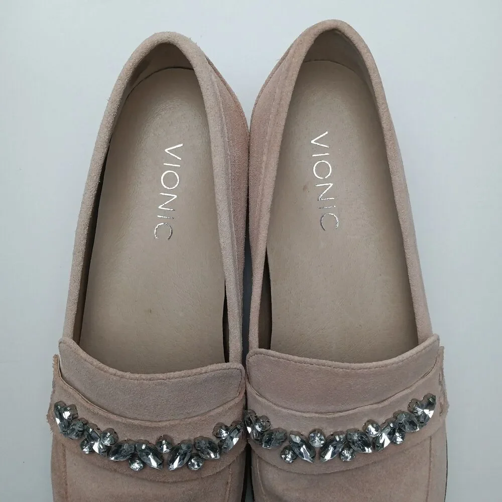 Vionic Avvy Loafers Womens 8 Muted Pink Suede Jewel Embellished Slip On Shoes